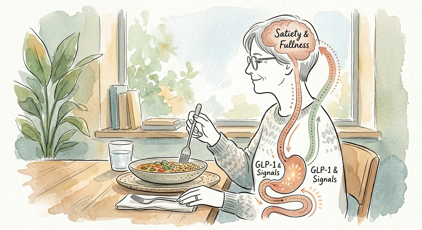 An elegant watercolor diagram showing how GLP-1 and GIP hormones communicate between the digestive system and the brain to signal fullness.
