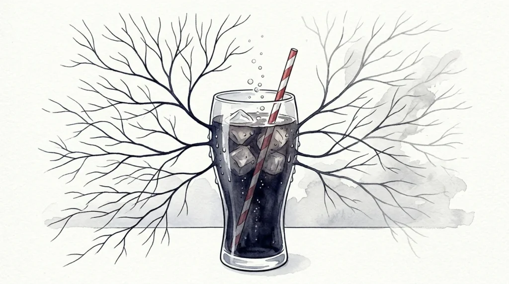 An elegant watercolor illustration of a glass of diet soda with branching neural pathways fading into gray, representing cognitive aging.