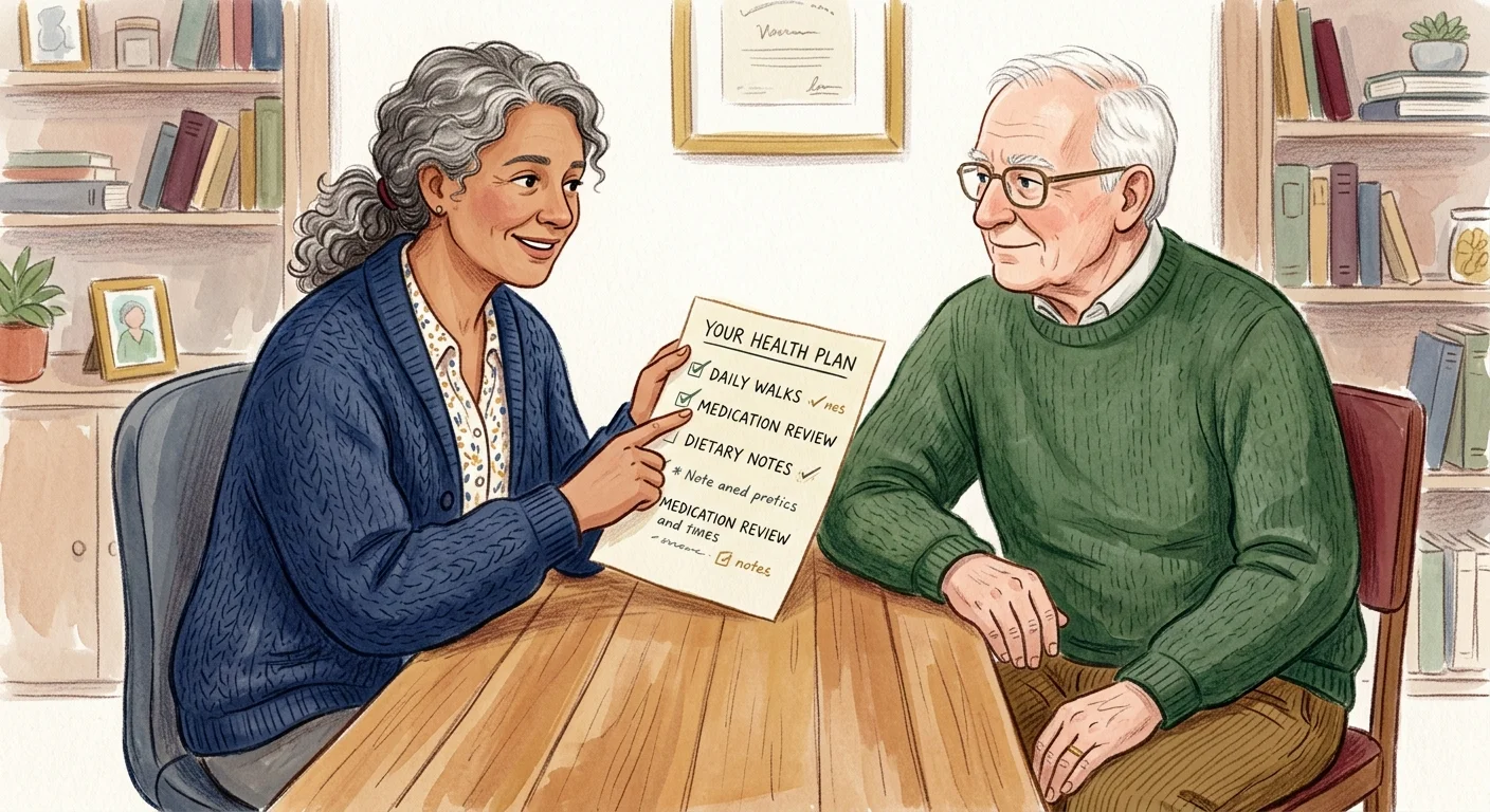An illustration of a doctor in a cardigan and a senior patient sitting together, reviewing a health checklist.
