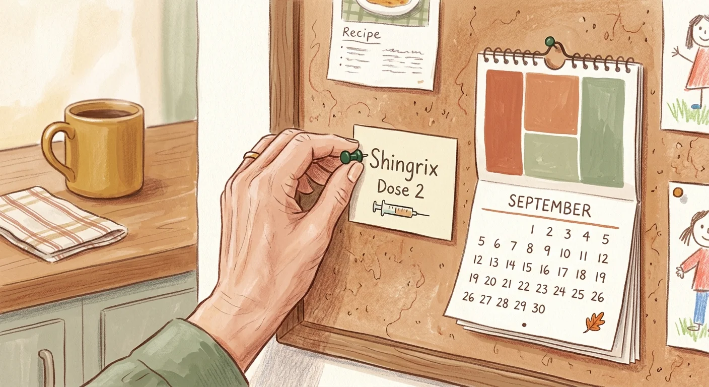 An illustration of a hand pinning a vaccine reminder card next to a calendar on a warm kitchen bulletin board.