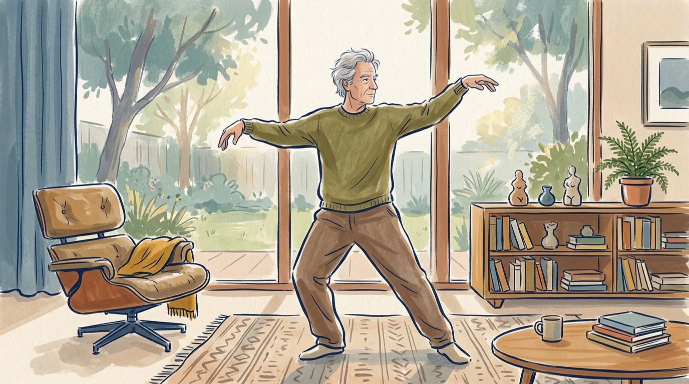 An illustration of an older man practicing a balanced tai chi pose in his cozy, sun-drenched living room.
