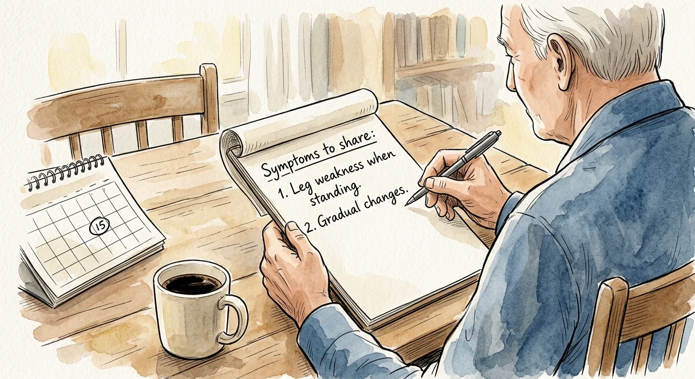 An illustration of an older man preparing a list of symptoms on a notepad to discuss at his next doctor's appointment.