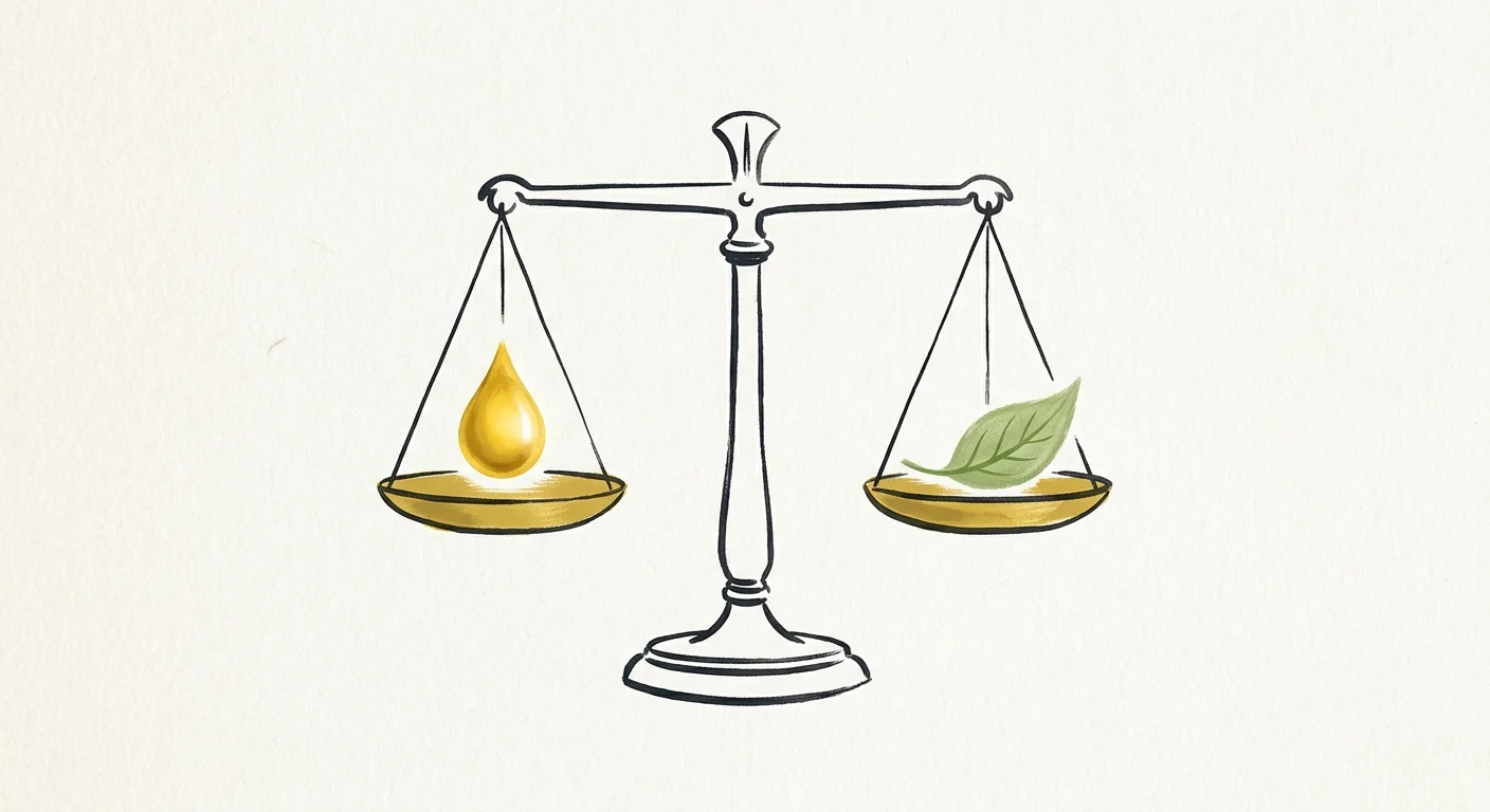 An ink and gouache illustration of a classic balance scale weighing a single golden droplet against a green leaf to symbolize nutritional mo