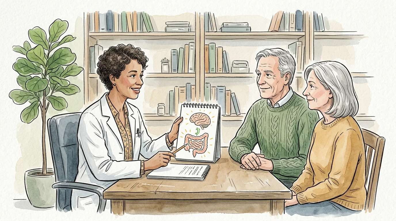 An ink and watercolor illustration of a couple discussing gut-brain health with a doctor in a warm, welcoming office.