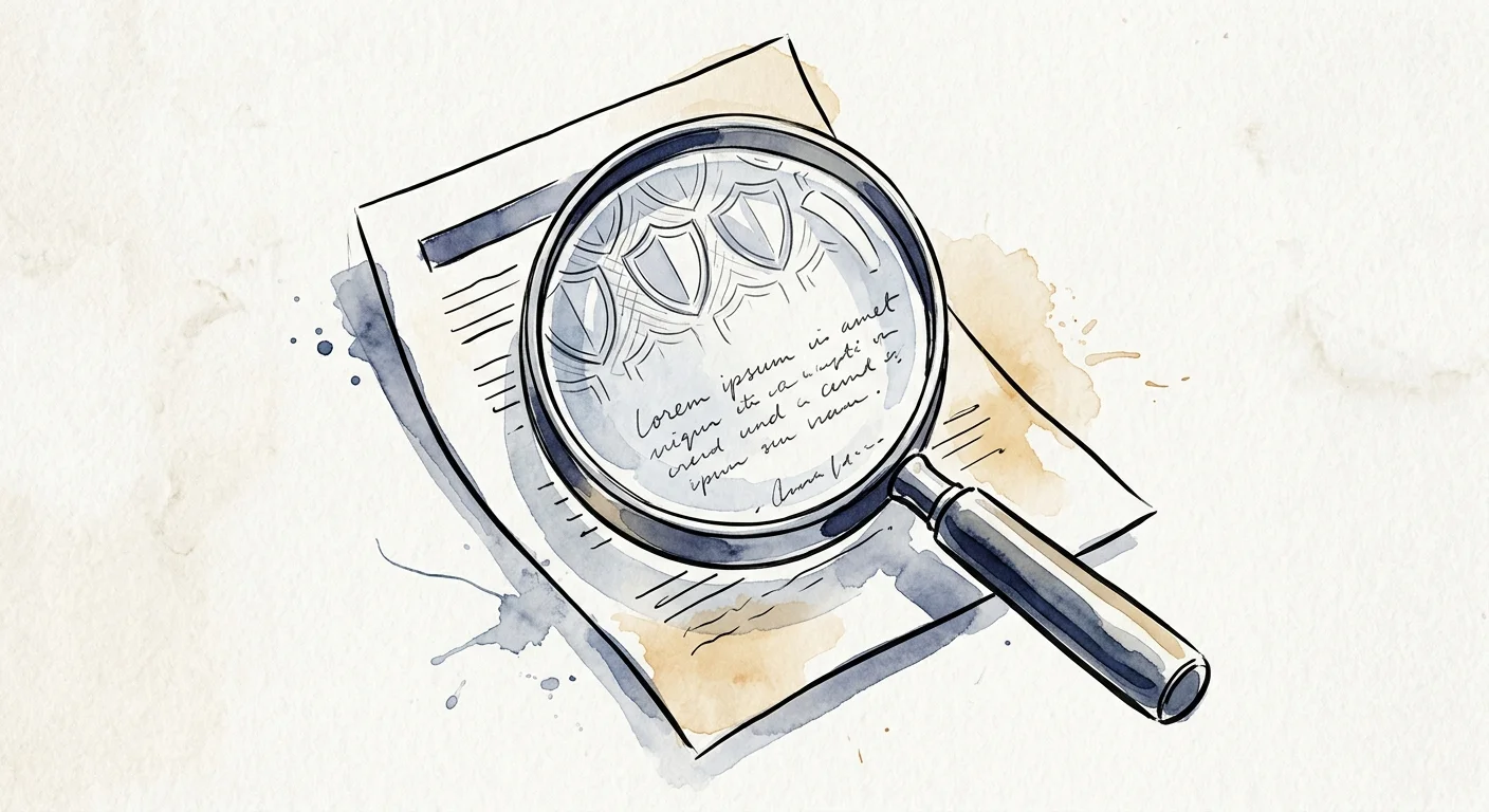 An ink and watercolor illustration of a magnifying glass inspecting a document with protective shield motifs, symbolizing security.