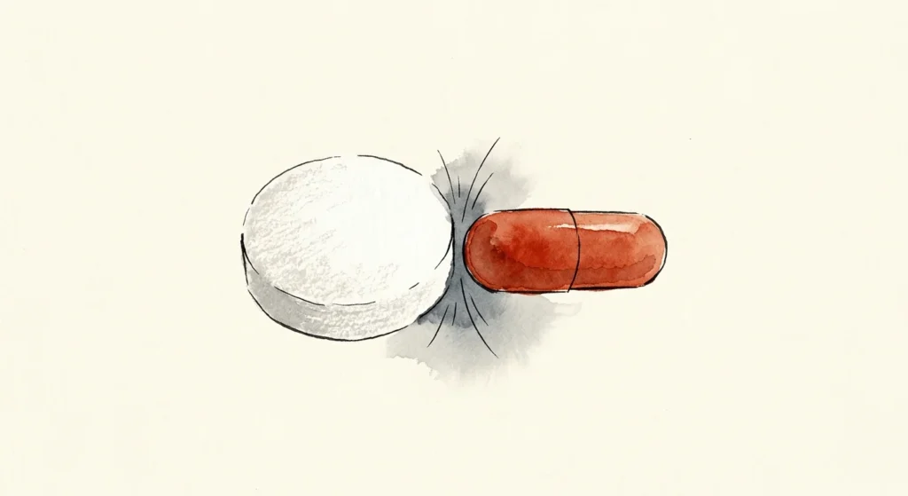 An ink and watercolor illustration of a white calcium pill and a red iron capsule touching, showing a symbolic repelling line.