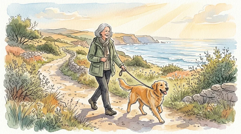 An ink and watercolor illustration of an older adult walking a dog along a sunny coastal path, bathed in warm golden light.