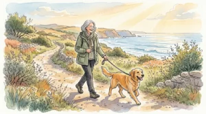An ink and watercolor illustration of an older adult walking a dog along a sunny coastal path, bathed in warm golden light.