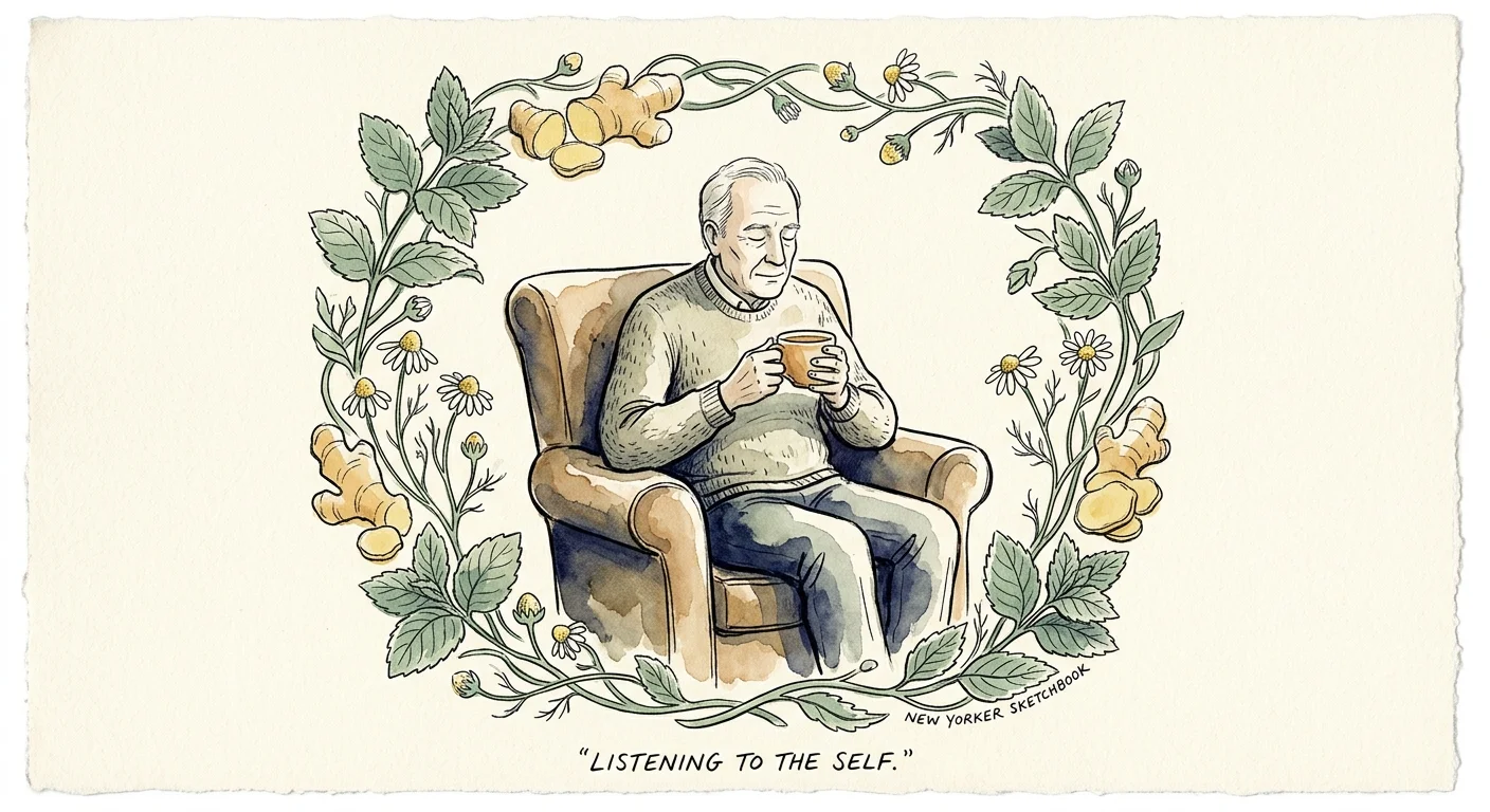 An ink and watercolor illustration of an older man sitting peacefully, surrounded by a gentle botanical frame of mint and chamomile.