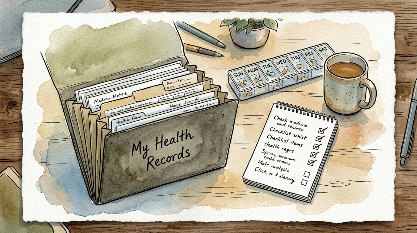 An ink and watercolor illustration of an organized medical records folder, notebook, and pill organizer on a desk.