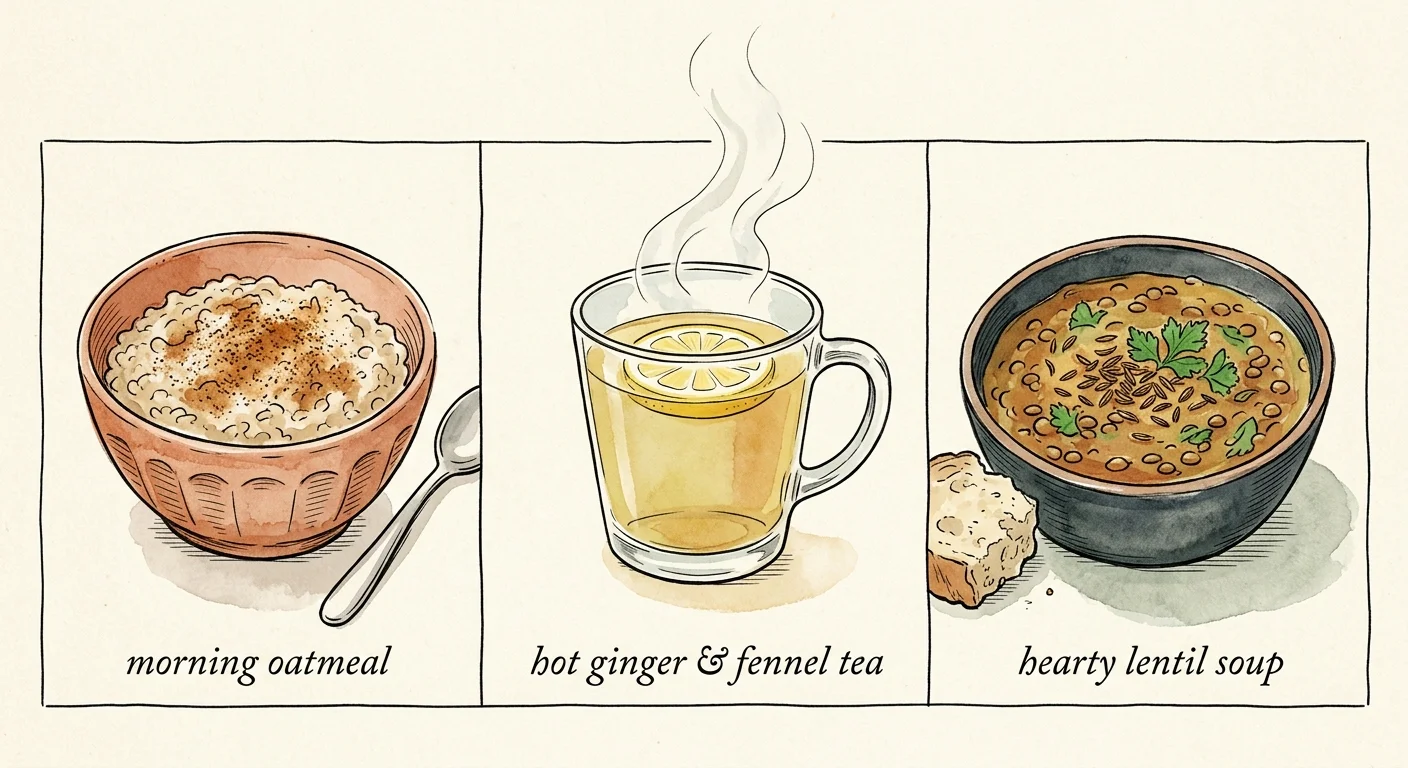 An ink and watercolor illustration showing oatmeal with cinnamon, ginger tea, and cumin-spiced soup in three warm panels.