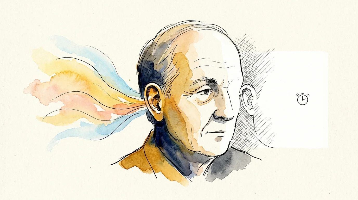 An ink and watercolor illustration showing one ear receiving vibrant sounds while the other ear transitions into quiet white space with a cl