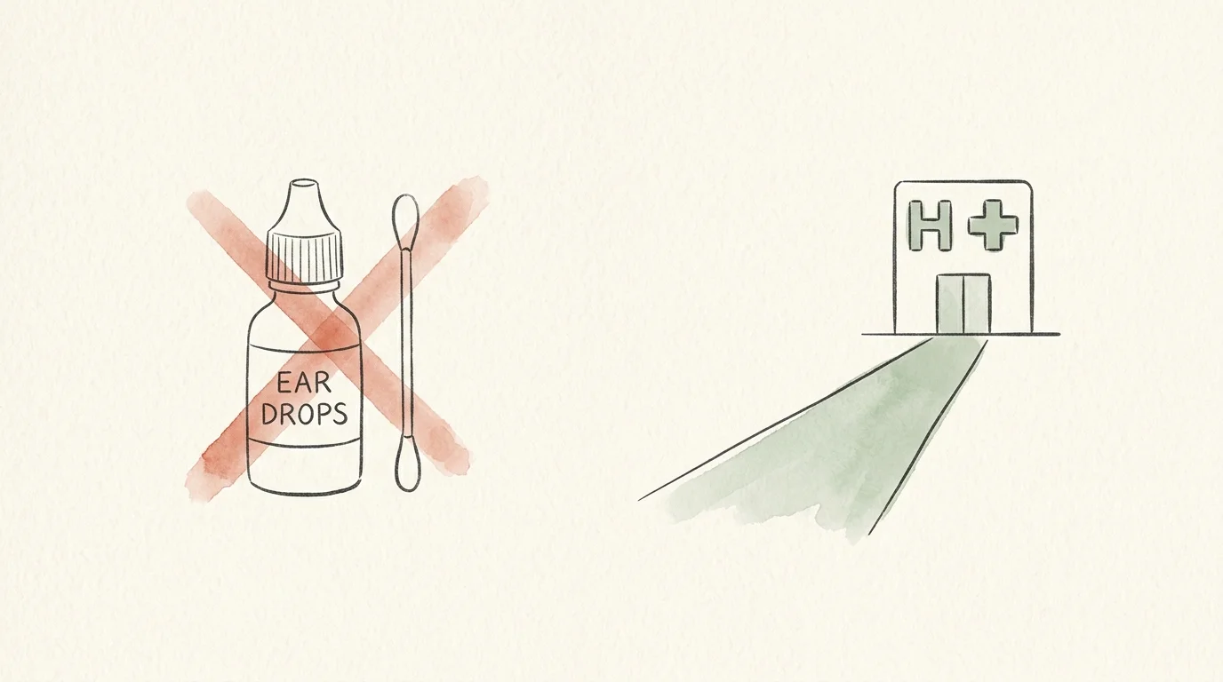 An ink and watercolor illustration warning against cotton swabs and ear drops, directing the path instead to a medical clinic.