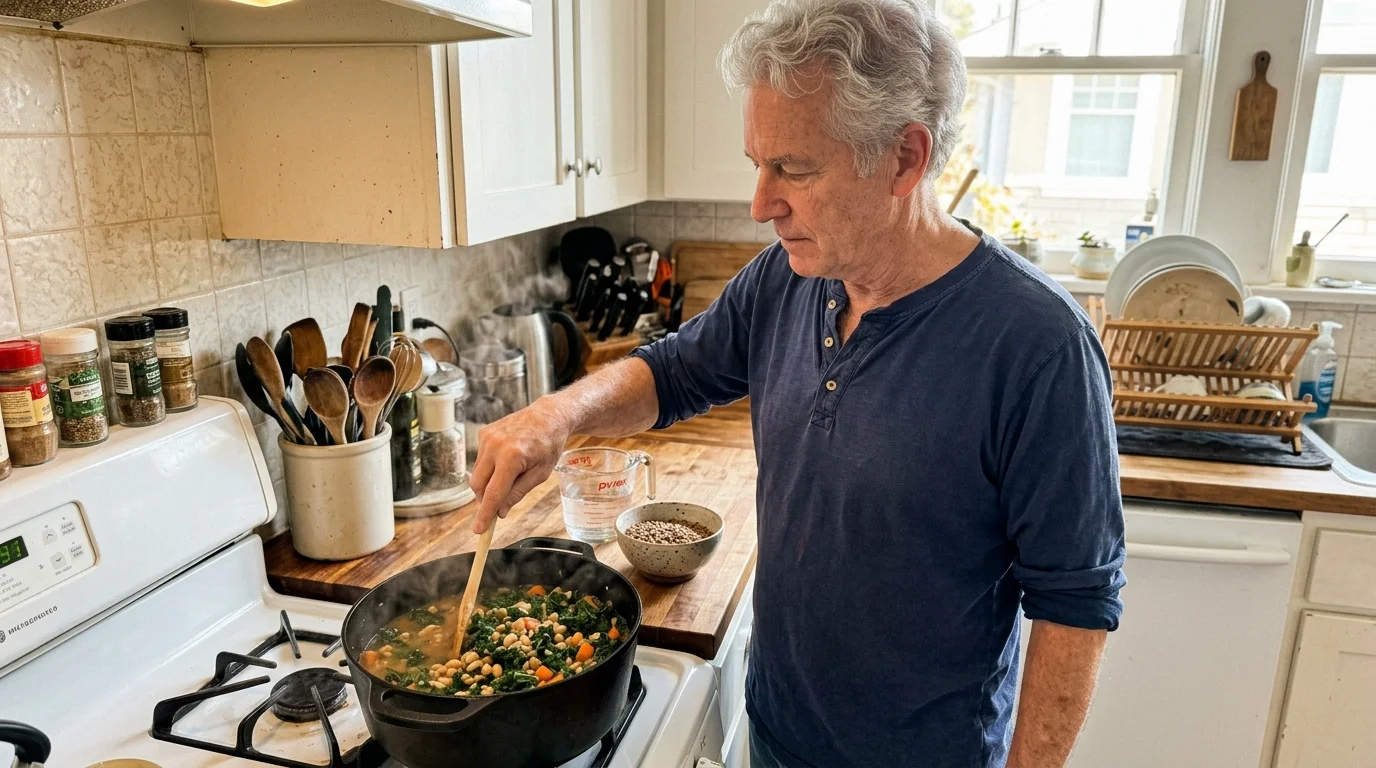 An older man stirs a steaming pot of vegetable and bean stew on a stove in a bright kitchen.