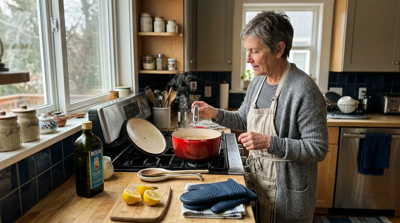An older woman in an apron uses a digital food thermometer to check a steaming red pot on a kitchen stove.