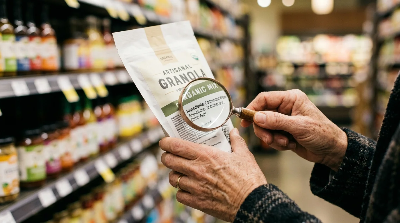An older adult uses a magnifying glass to inspect the ingredient label on a package, highlighting artificial sweeteners like Aspartame.