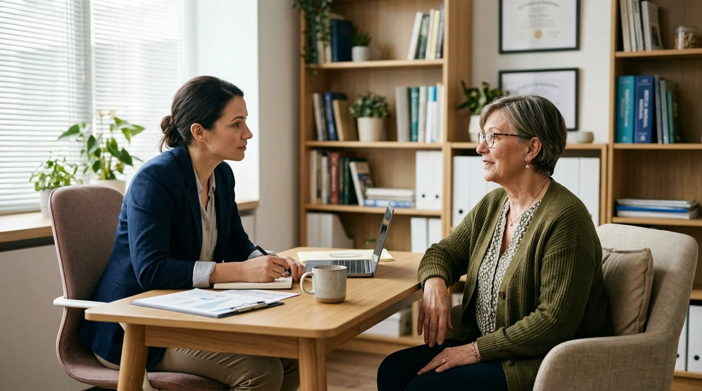 A professional woman in a blazer speaks with an older woman seated across a wooden desk in an office with bookshelves.