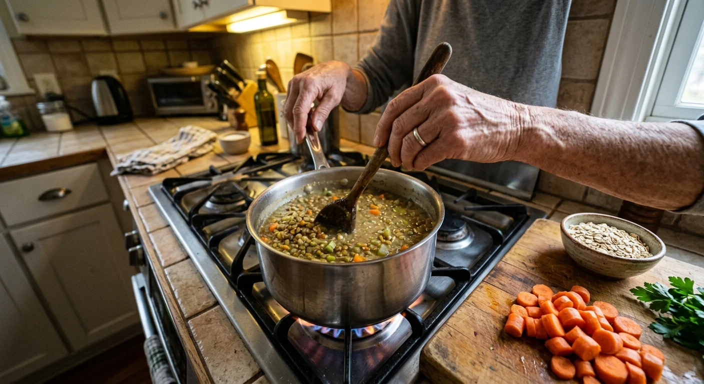 An older adult's hands stirring a pot of cooking lentils on a kitchen stove next to a cutting board with vegetables.