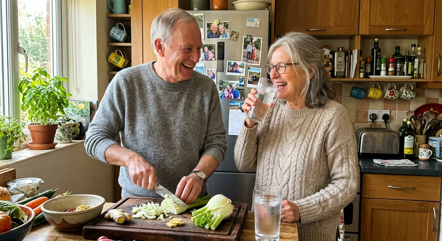 An older couple laughs in their cozy kitchen while preparing a healthy meal with fresh fennel, ginger, and a tall glass of water.