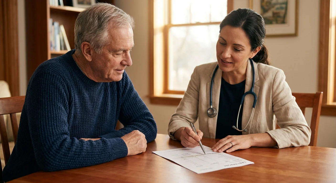 An older man and a female doctor discuss a printed lab report together at a warm wooden table in a comfortable office setting.