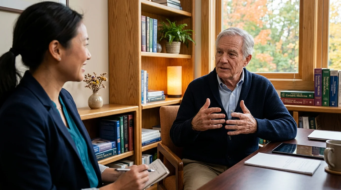 An older man discussing his health results with an empathetic physician in a warm, comfortable doctor's office.