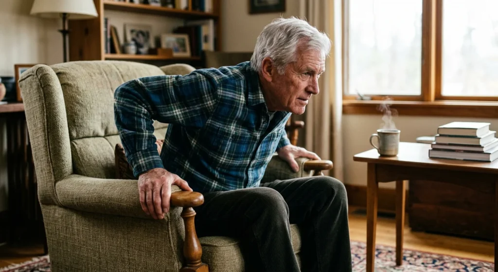 An older man focused on pushing himself up from a cozy armchair in a sunlit living room, highlighting the physical effort of rising.