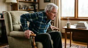 An older man focused on pushing himself up from a cozy armchair in a sunlit living room, highlighting the physical effort of rising.