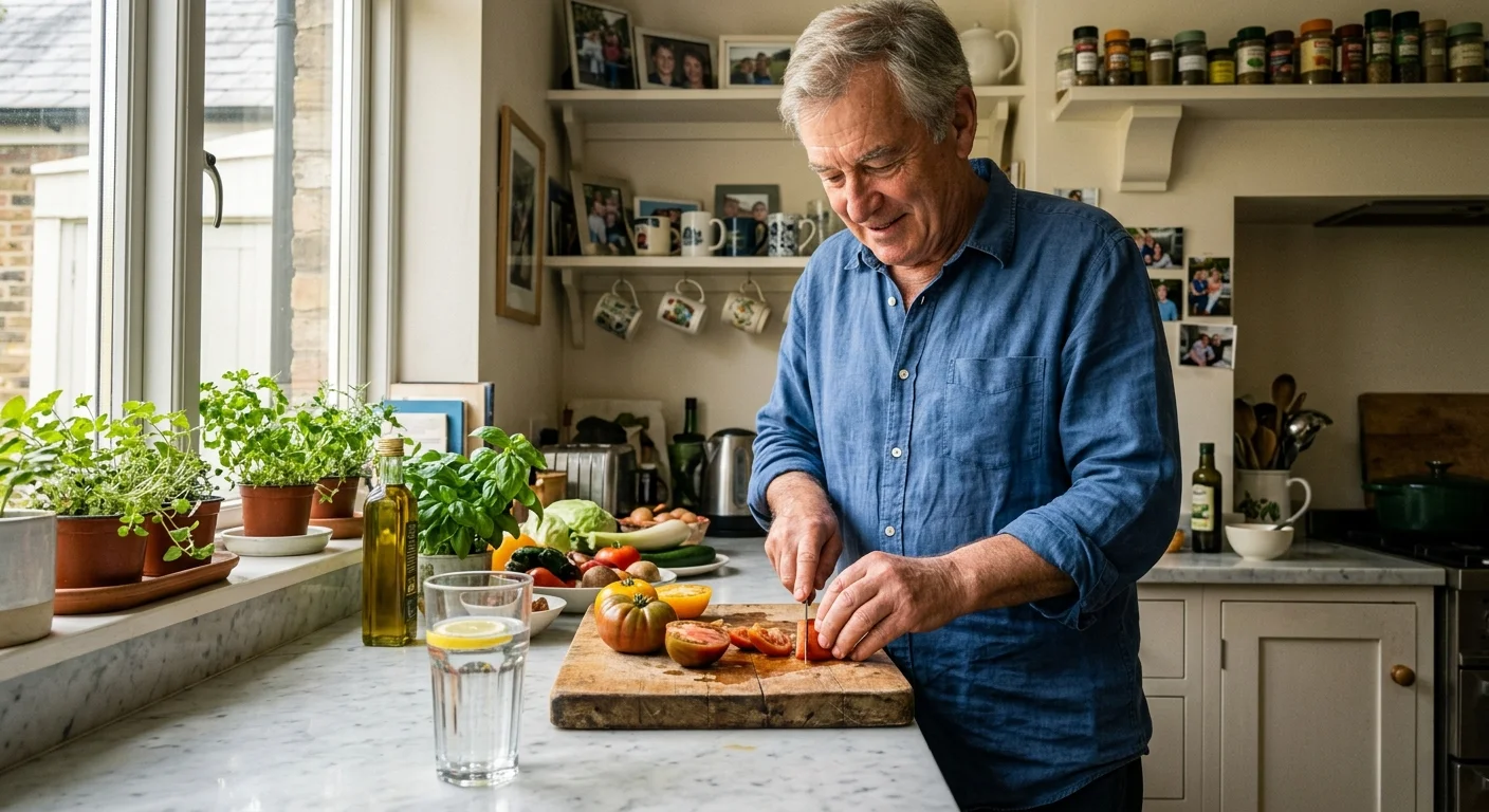 An older man happily slices fresh vegetables in a sun-drenched home kitchen, with a tall glass of water nearby.