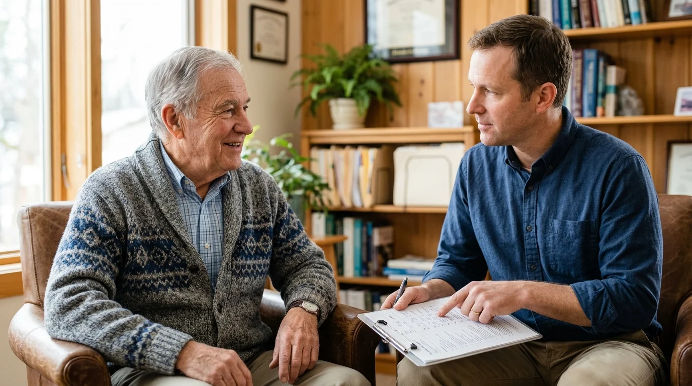 An older man in a cardigan has a friendly, relaxed consultation with his doctor in a sunlit clinic office.