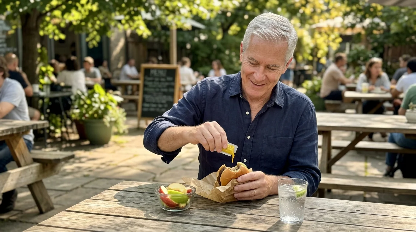 A smiling man sitting at an outdoor table squeezes yellow mustard onto a burger alongside a bowl of sliced apples.