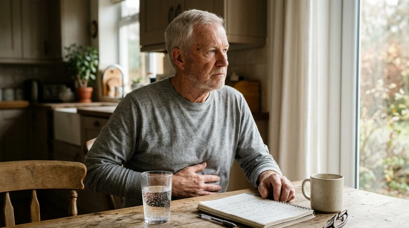 An older man sitting thoughtfully at a kitchen table with his hand on his stomach, reflecting a moment of quiet physical discomfort.