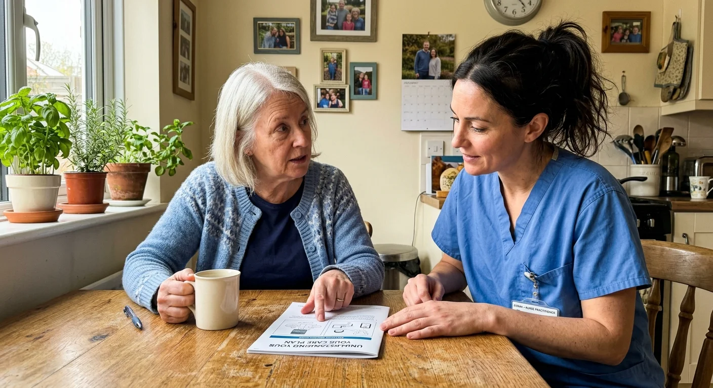 An older woman at her kitchen table discussing health guidelines with a visiting nurse practitioner in a warm, home environment.