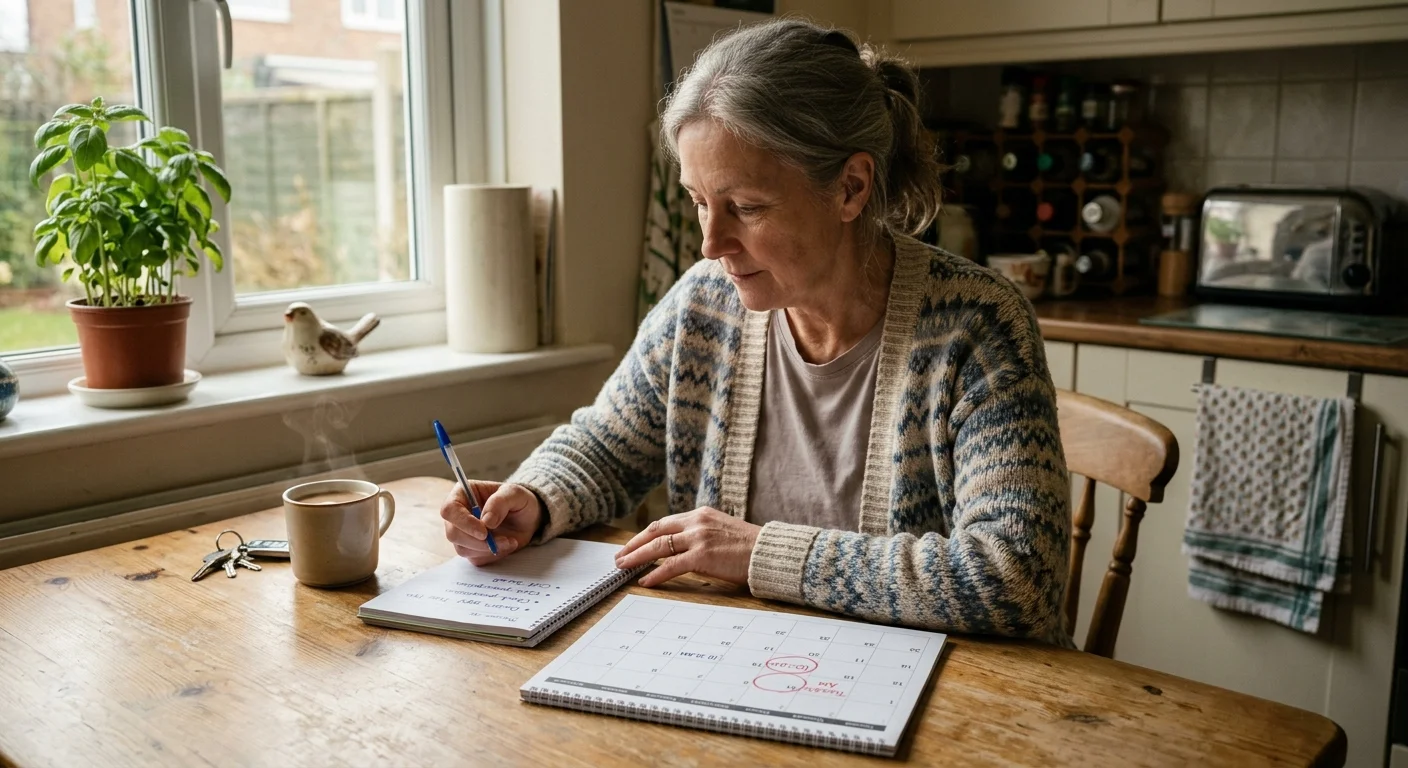 An older woman at her kitchen table looking at a calendar and notepad, taking notes to prepare for a healthcare appointment.