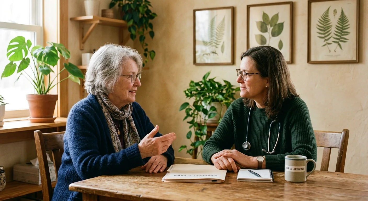 An older woman consults warmly with an attentive healthcare professional in a comfortable, sunlit clinic office.