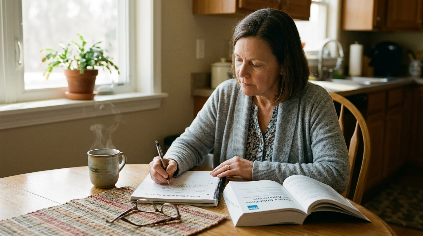 A woman sitting at a wooden table writing in a spiral notebook next to an open book and a steaming mug.