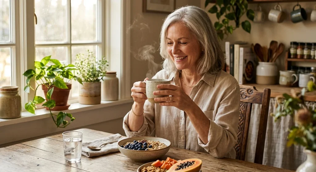 An older woman in a sunlit kitchen enjoys a healthy breakfast of oatmeal, fresh fruit, and warm tea, embodying digestive wellness.