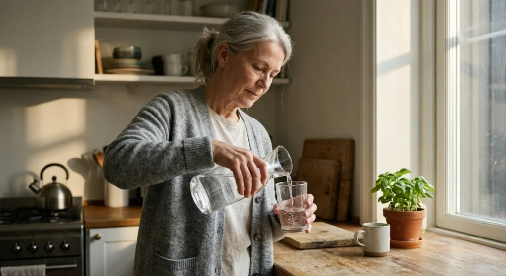 An older woman in a warm kitchen pours water from a glass carafe into a drinking glass in the morning sunlight.