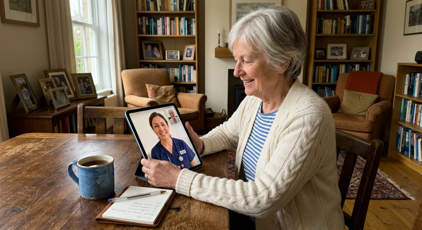 An older woman sits at her kitchen table holding a tablet during a comfortable video consultation with her doctor.