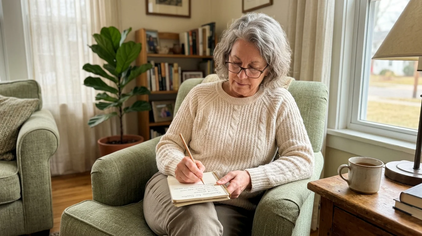 An older woman sitting in a sunlit room writing down questions for her doctor on a notepad.