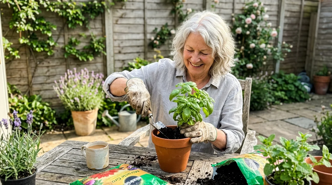 An older woman smiles while gardening on her sunny wooden patio, enjoying natural morning sunlight.