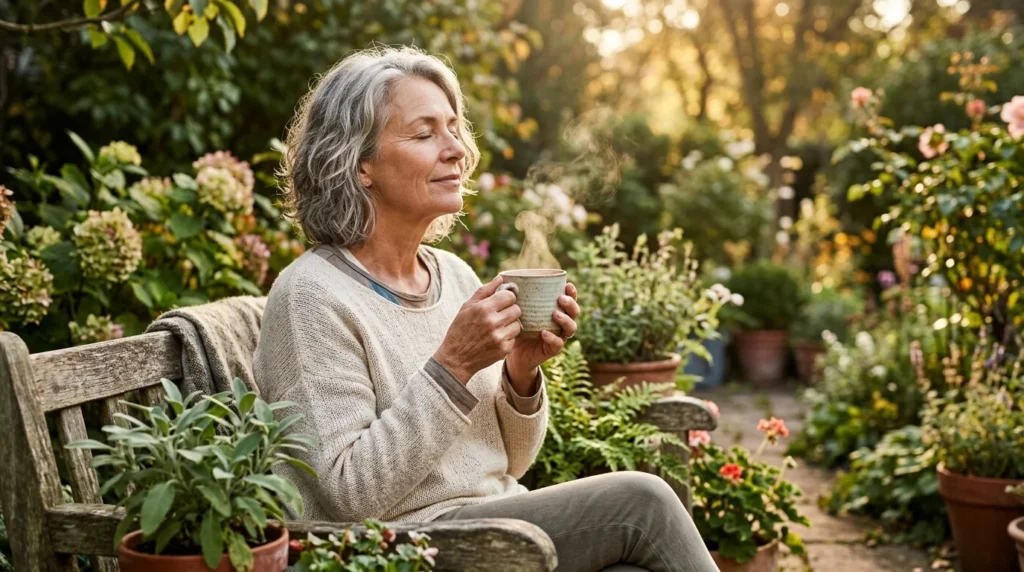 An older woman smiling mindfully while holding a warm mug in a sunlit garden, representing health and vitality.