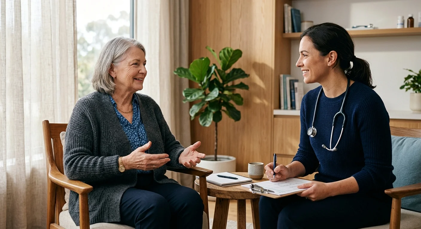 An older woman speaks comfortably with an empathetic female doctor in a warm, light-filled clinic room.