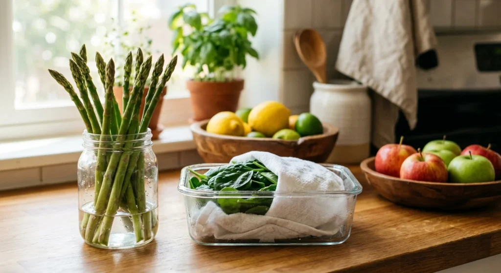 An organized, sunlit kitchen counter showing asparagus stored in a jar of water and leafy greens in a glass container.