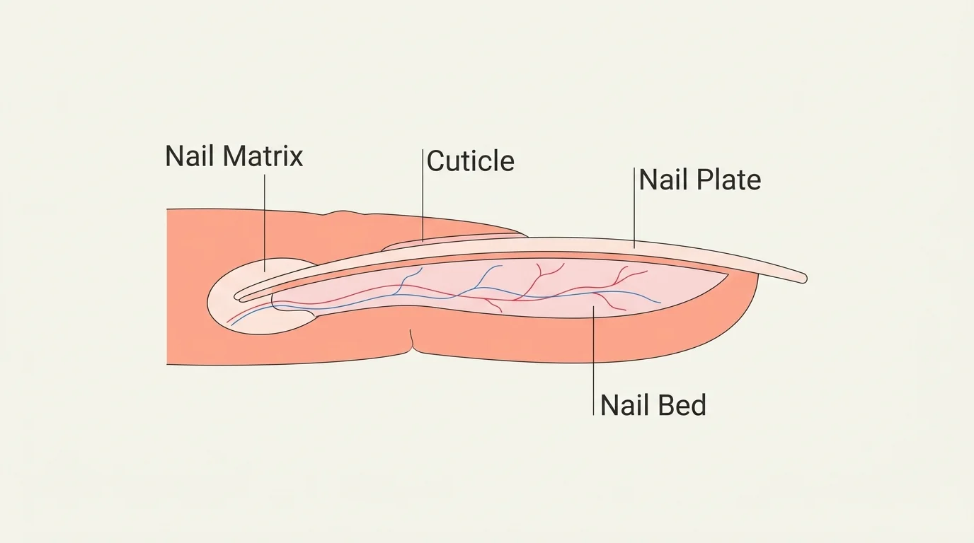 Anatomical cross-section diagram of a fingernail showing labels for the nail matrix, cuticle, nail plate, and nail bed.
