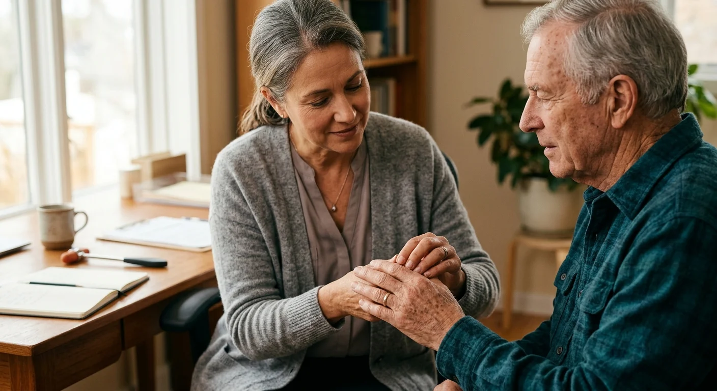 Close-up of a doctor gently holding an older patient's hand to inspect their fingernails during a medical checkup.
