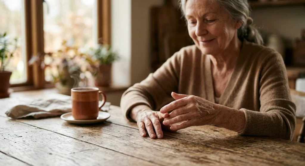 Close-up of a senior woman's hands resting on a wooden table in soft morning light, mindfully examining her fingernails.