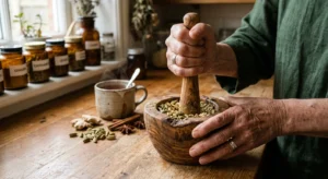 Close-up of a senior's hands grinding fresh spices in a wooden mortar next to a steaming mug of tea in a warm kitchen.