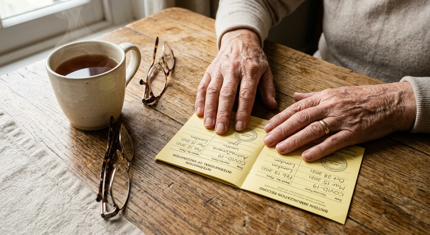 Close-up of a senior's hands holding a yellow immunization record card on a wooden table next to a cup of tea.