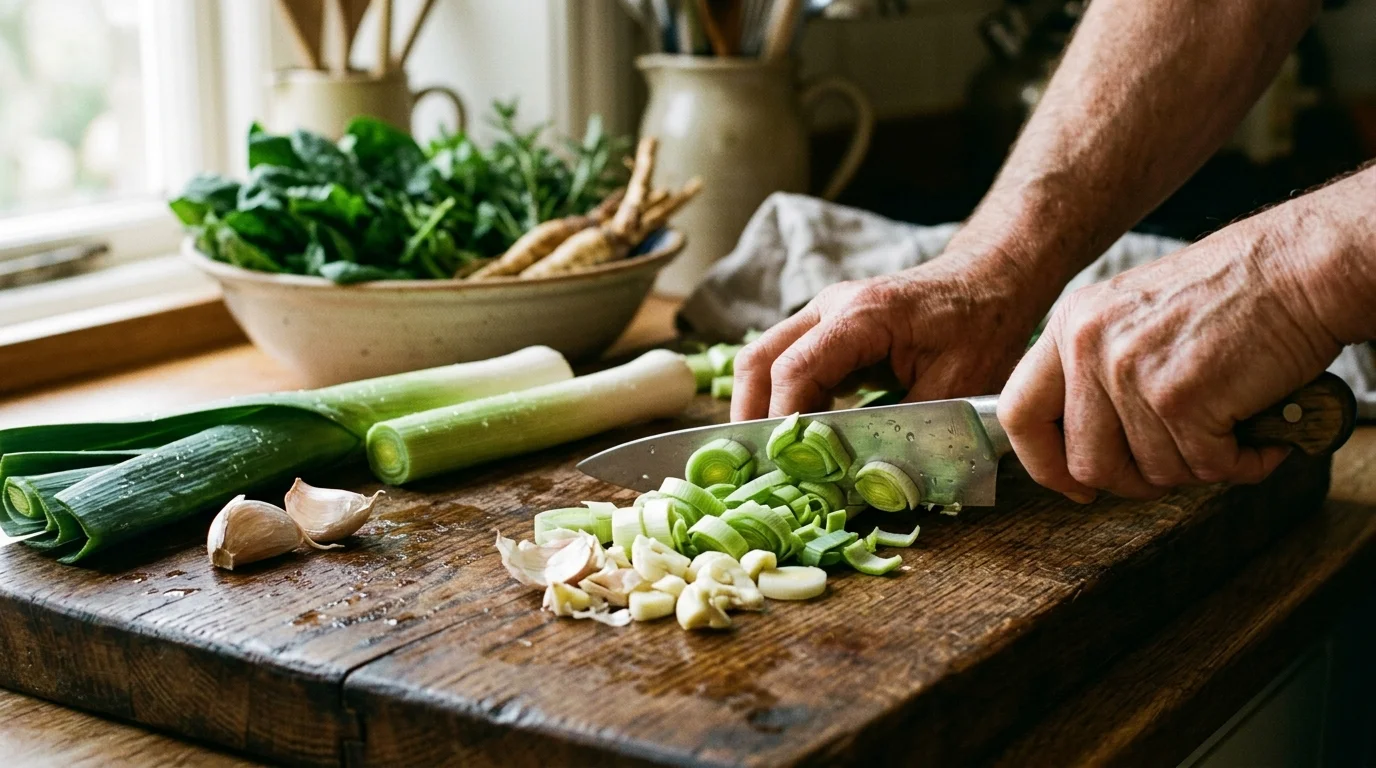 Close-up of weathered hands chopping fresh leeks and garlic on a wooden cutting board, highlighting prebiotic-rich foods.