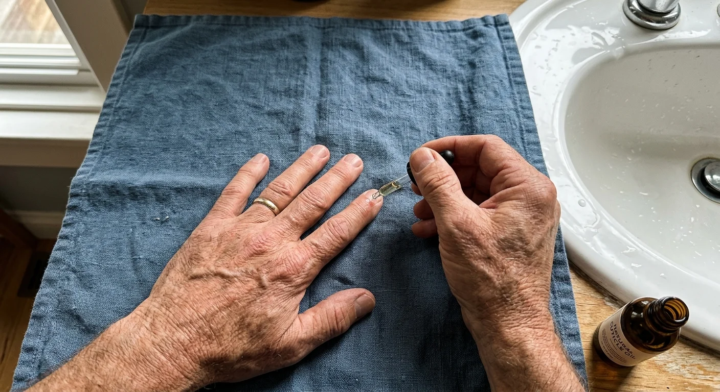 Close-up photo of an older man's hands applying a drop of oil to his cuticles on a slate-blue linen towel.